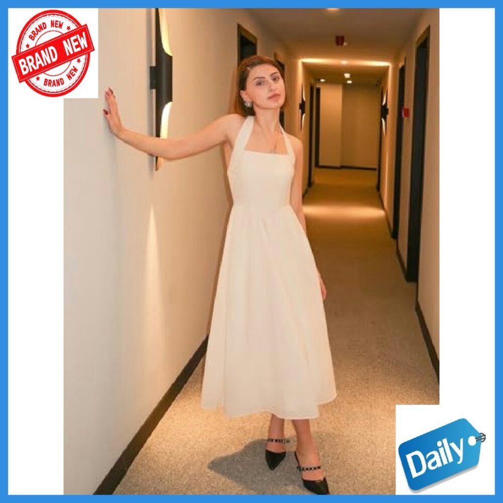 Sleeveless Halter Midi Dress High Waist Flowy Backless Off Shoulder - Picture 6 of 8